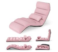Gainoom Folding Lazy Sofa Bed Pink Upholstered 5-Position Adjustable Chaise Lounge Floor Sofa Chair W/ Pillow