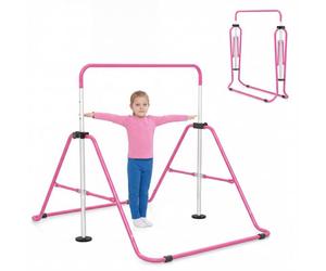 Gainoom Folding Pink Gymnastics Bar For Kids Height Adjustable Horizontal Kip Training Bar W/ Anti-Slip Base For 3-12 Years Old