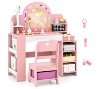 Gainoom Kids Pink Vanity Set W/ Led Princess Makeup Dressing Table Wooden Pretend Play Vanity For Little Girls Above 3