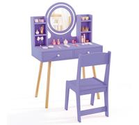 Gainoom Kids Purple Vanity Set Princess Vanity Desk Set With 2-Color Led Lighted Acrylic Mirror