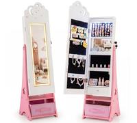 Gainoom Kids White Jewelry Cabinet With Lights Standing Children Jewelry Organizer With Full-Length Mirror
