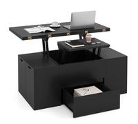 Gainoom Lift Top Coffee Table With 4 Storage Stools 3-In-1 Expandable Living Room Center Table For 4-8 People Black