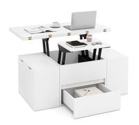 Gainoom Lift Top Coffee Table With 4 Storage Stools 3-In-1 Expandable Living Room Center Table For 4-8 People White