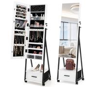 Gainoom Mobile White Mirror Jewelry Cabinet Standing Makeup Organizer Jewelry Armoire