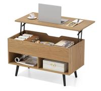 Gainoom Natural Lift Top Coffee Table Mid Century Modern Accent Table With Hidden Compartment & Open Storage Shelves