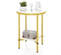 Gainoom Side Table White & Gold Modern Round End Table With Faux Marble Top & Bottom Storage Shelf