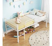 Gainoom Single Size Low Loft Bed Metal Bed Frame With Safety Guardrails & 2 Ladders White
