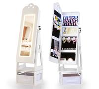 Gainoom Swivel Kids White Jewelry Cabinet With Lights Standing Children Jewelry Organizer With Full-Length Mirror