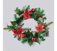 Coopers of Stortford - Poinsettia & Bauble Christmas Wreath with Colour-Changing LED Lights, Faux Holly, Evergreen and Baubles, Indoor or Outdoor Battery-Operated Decoration 40cm