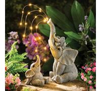 Coopers of Stortford - Solar Elephants with Trickling 'Water' LEDs - Playful Elephant Family Garden Ornament - Weatherproof Polyresin with Sparkling Night Light Effect
