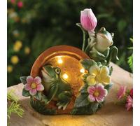 Gainsborough Solar Frog Garden Ornament With Led Lights - Weather-Resistant Polyresin, Pink & Yellow Flowers, 19X18.5X10Cm
