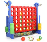Gaint 4 in a Row, 3 Adjustable Heights (90cm-125cm), Indoor and Outdoor Connect Four Family Game with Basketball Hoop, 42 Giant Rings and 4-in-1 Set for Kids, Family Fun