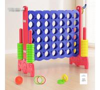 Gaint 4 in a Row Game, 3-in-1 Indoor Outdoor Giant Connect 4 Family Game with Basketball Hoop, 42 Giant Rings and Four in One Set for Kids to Play, Family Entertainment(Red blue)