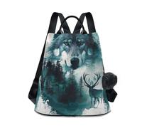 GAIREG Blue Wolf Inside Dream Catcher Anti Theft Backpack Purse for Women Fashion Travel Bags with Pompom, Watercolor Deer Wolf, One Size