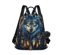 GAIREG Blue Wolf Inside Dream Catcher Anti Theft Backpack Purse for Women Fashion Travel Bags with Pompom, Blue Wolf Inside Dream Catcher, One Size