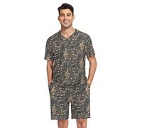 GAIREG Cartoon Cars on Yellow Men's Short Sleeve Breathable Pajama Set S-XXL, Gold Music Code Grey Pattern, XXL