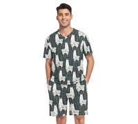 GAIREG Cartoon Koala Bear Face Men's Pajama Set Short Sleeve V Neck 2 Pcs Sleepwear with Pockets S-XXL, Cute Floral Llamas Green, M