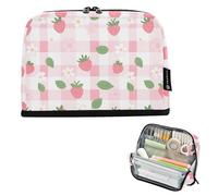 GAIREG Cute Strawberry Plaid Pink Standing Pencil Case with Magnetic Flip Lid Pen Bag Portable Pen Pouch Pencil Holder for School