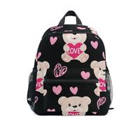 GAIREG Cute Teddy Bear Pink Heart Black Toddler Backpack for Boys Girls Kids School Bag with Name Tag Small Travel Book Bag Small