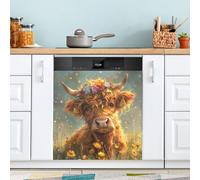 GAIREG Dishwasher Cover Magnetic Decal 23 x 26 Inch, Highland Cow With Flower Cartoon, PVC