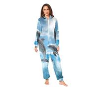 GAIREG Dolphins Sunshine Blue Adult Onesie Pajamas, Soft Hooded One Piece Sleepwear with Zipper, Dolphins Sunshine Blue, XXL