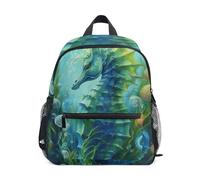 GAIREG Floral Seahorse Teal Blue Toddler Boy Backpack with Name Tag, Little Kid's Backpacks 6-8 Years