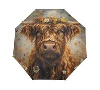 GAIREG Highland Cow with Flowers Windproof Travel Umbrella Small Automatic Rain Umbrellas for Backpack, Purse, Car