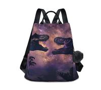 GAIREG Ladies Skull Wings Black Pom Pom Backpack, Dinosaur Fighting Scene Under Starry Sky