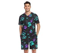 GAIREG Mens Pajama Set Short Sleeve V Neck 2 Piece Nightwear with Pockets Summer S-XXL, Dog Paw Prints on Black, L