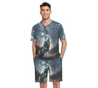 GAIREG Men's Pajama Sleep Sets Short Sleeve V Neck Nightwear 2 Pcs Pj Set S-XXL, Starry and Wolf, XL