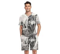 GAIREG Men's Pajama Sleep Sets Short Sleeve V Neck Nightwear 2 Pcs Pj Set S-XXL, Wolf Ink Drawing Pattern, M