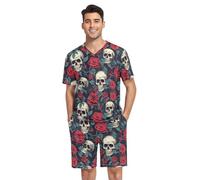 GAIREG Men's Short Sleeve Loose Pajama Set S-XXL, Skulls Red Roses Blue Leaves, XL
