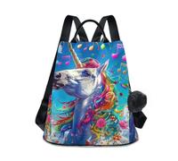 GAIREG Retro Backpack Women Backpack Anti-theft Back Zipper Pocket Travel Bag with Pom Pom, Unicorn With Rainbow Mane