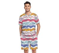 GAIREG Tribal Blue Stripes Mens Pajama Set Short Sleeve V Neck 2 Piece Nightwear with Pockets Summer S-XXL, Cute Fish Colored Waves, XXL
