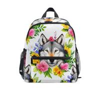 GAIREG Watercolor Wolf Flowers White Toddler Boy Backpack with Name Tag, Little Kid's Backpacks Travel Book Bag, Watercolor Wolf Flowers White, 6-8 Years, Cute Backpacks