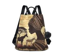 GAIREG Women Anti Theft Backpack Bandana Dark Purple Fashion Travel Bag Pompom, African Animal And Woman Beige