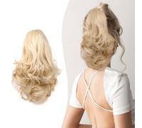 Gairyan 10" Clip in Ponytail Hair Extensions Curly Ponytail Extension Claw on Pony tails Wavy Synthetic Hairpieces for Women Real Natural Short Wave, Dirty Blonde mix Bleach Blonde