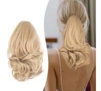 Gairyan 10" Clip in Ponytail Hair Extensions Curly Ponytail Extension Claw on Pony tails Wavy Synthetic Hairpieces for Women Real Natural Short Wave, Ash Blonde mix Bleach Blonde