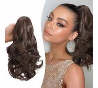 Gairyan 10" Clip in Ponytail Hair Extensions Curly Ponytail Extension Claw on Pony tails Wavy Synthetic Hairpieces for Women Real Natural Short Wave, Ash Brown
