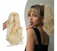 Gairyan 10" Clip in Ponytail Hair Extensions Curly Ponytail Extension Claw on Pony tails Wavy Synthetic Hairpieces for Women Real Natural Short Wave, Bleach Blonde