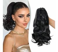 Gairyan 10" Clip in Ponytail Hair Extensions Curly Ponytail Extension Claw on Pony tails Wavy Synthetic Hairpieces for Women Real Natural Short Wave (Black)