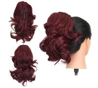 Gairyan 12" Clip in Ponytail Hair Extensions Curly Ponytail Extension Claw on Pony tails Wavy Synthetic Hairpieces for Women Real Look Short Wave (Wine Red)