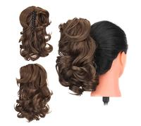 Gairyan 12" Clip in Ponytail Hair Extensions Curly Ponytail Extension Claw on Pony tails Wavy Synthetic Hairpieces for Women Real Look Short Wave (Dark Brown & Dark Auburn)