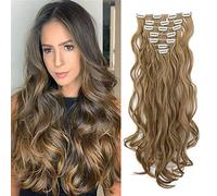 Gairyan 20inch Curly Hair Extensions Clip in Long Hair Extension Highlight 7PCS Full Head Synthetic Wavy Hairpiece for Women (Light Blonde & Ash Brown)