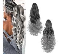 Gairyan 20inch Ponytail Extension Clip in Ponytail Hair Extensions Curly Wavy Pony Tails Claw on Ponytail Long Wave Synthetic Hairpieces for Women Soft Real Look (Black Ombre Grey)
