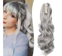 Gairyan 20inch Ponytail Extension Clip in Ponytail Hair Extensions Curly Wavy Pony Tails Claw on Ponytail Long Wave Synthetic Hairpieces for Women Soft Real Look (Dark Gray)