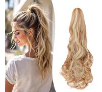Gairyan 20inch Ponytail Extension Clip in Ponytail Hair Extensions Curly Wavy Pony Tails Claw on Ponytail Long Wave Synthetic Hairpieces for Women Soft Real Natural Look, Dark Blonde/Bleach Blonde