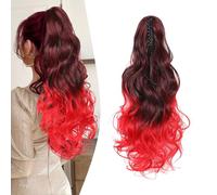 Gairyan 20inch Ponytail Extension Clip in Ponytail Hair Extensions Curly Wavy Pony Tails Claw on Ponytail Long Wave Synthetic Hairpieces for Women Soft Real Look (Black Ombre Red)