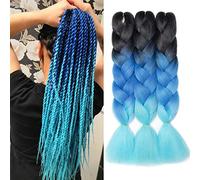 Gairyan Braiding Hair Extensions Ombre Jumbo Braids Synthetic Hair 3 Packs 24 inches 300g Coloured Hair for Braiding Extensions Box Braids Crochet Twist (Black-Sapphire-Sky blue)