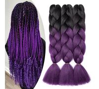 Gairyan Jumbo Braiding Hair Extensions 24 inch 3PCS 300g Ombre Jumbo Braids Hair Extensions 3 Tone Synthetic Coloured Hair for Braiding Extensions Afro Box Braids Crochet Twist, Black-Purple